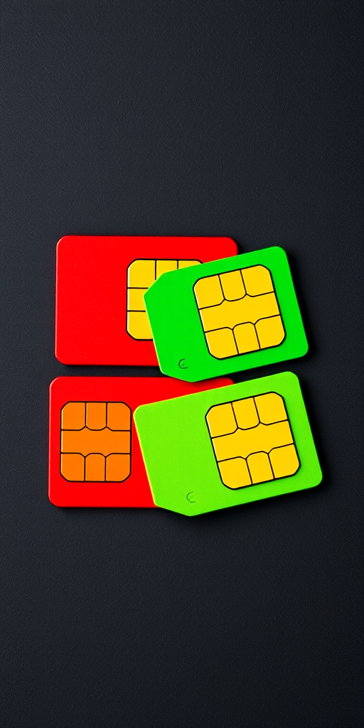 Generate a high-resolution image of three SIM cards in red, green, and orange colors, top-down view, with a Canon EOS R5 camera, aperture set at f/8, ISO 100, shutter speed 1/200 seconds, using a soft light source for even illumination.