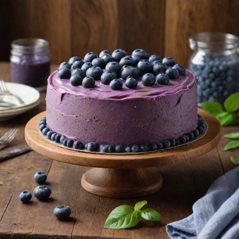 Create an image of a round cake with a smooth purple frosting, decorated with fresh blueberries and green leaves on top. The cake is placed on a wooden stand, with a rustic table setting in the background.
