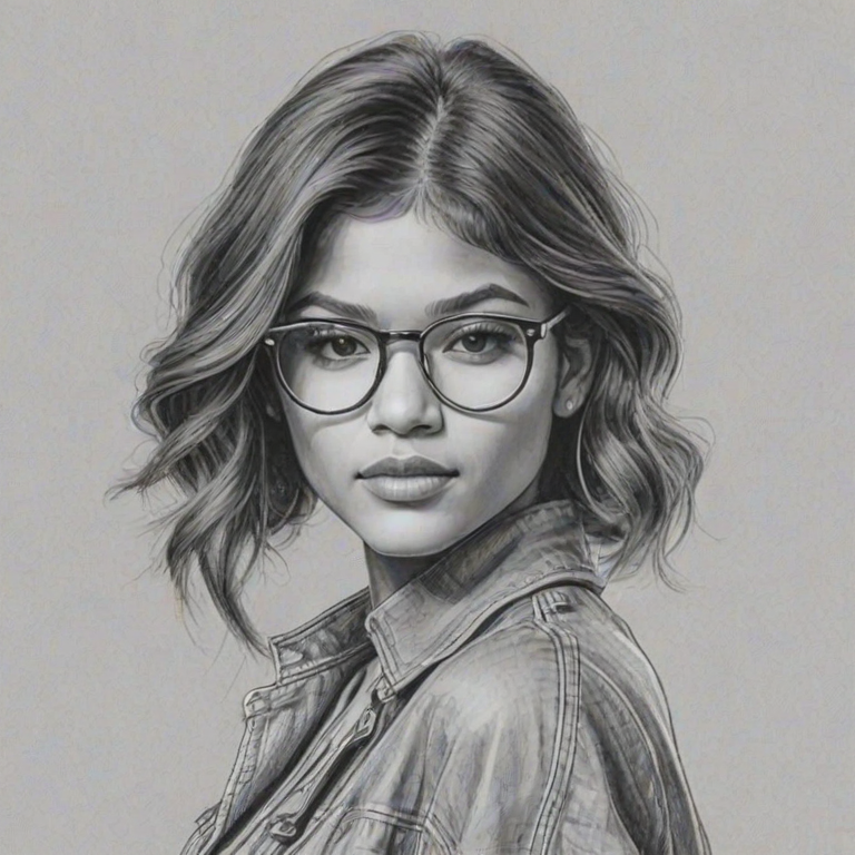 Ravishing Zendaya, pencil sketch, portrait of Resplendent woman 1971s in glasses, hair style beatnik, outline, clear lines, fine lines, 8k