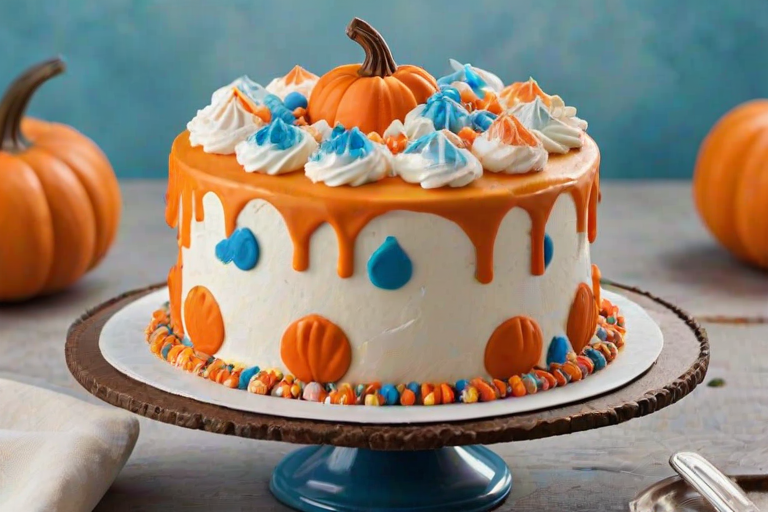 Generate an image of a round cake with a smooth white frosting finish. The top of the cake is decorated with colorful meringue pumpkins in shades of orange and blue, along with small decorative elements. The bottom of the cake features a crumbly texture, resembling crushed cookies or graham crackers. Surround the cake with small decorative pumpkins in various colors and patterns. The setting should be warm and autumnal.