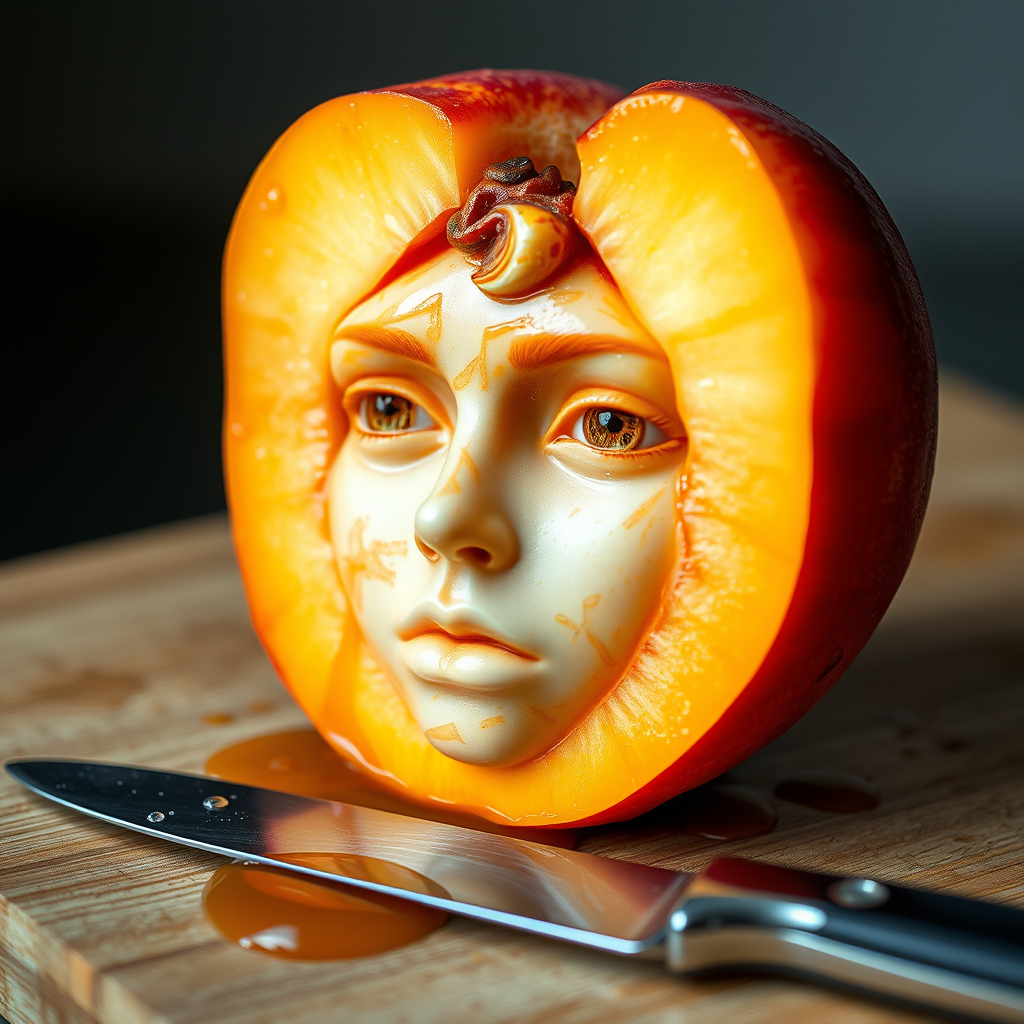 A hyperdetailed photorealistic macro color saturated high resolution image of a peach cut in half, with the peach pit being a highly detailed sculpted woman's face with her eyes open and peach-colored irises. The face has a marble texture. The image includes condensation, moisture, and peach juice. The peach is on a wooden cutting board with a small fruit knife nearby, also covered with juice.