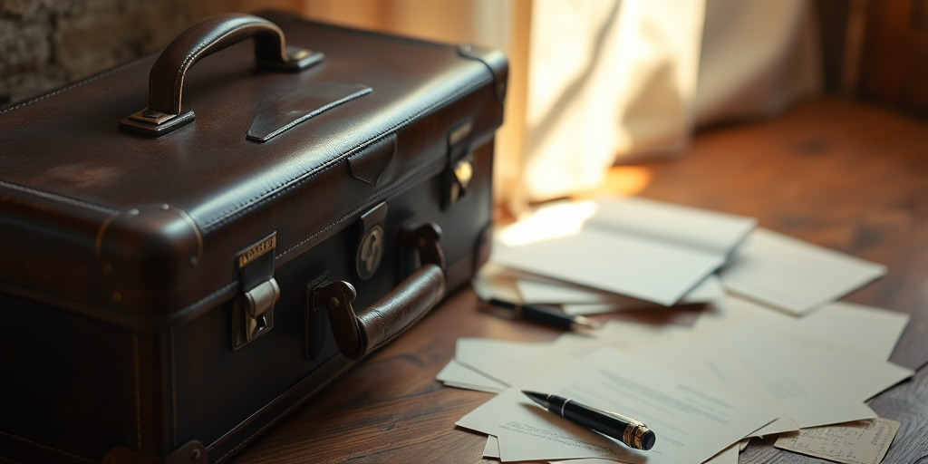 Vintage scene of an old leather suitcase next to scattered letters and a pen, warm soft light illuminating the objects, captured with a DSLR camera at f/2.8, ISO 100, 50mm lens, natural light with a shallow depth of field.