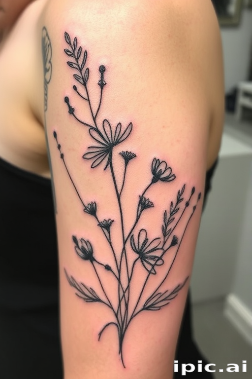 Sketch style tattoo called "Ephemeral Nature" showcasing flora and fauna with loose, gestural lines and subtle shading to create a hand-drawn appearance