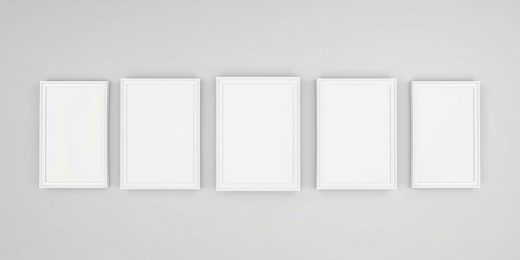 Create a high-resolution image of five blank photo frames with white borders on a transparent background, using a DSLR camera with a 50mm lens at f/1.8, ISO 100, and a shallow depth of field for a soft background effect.