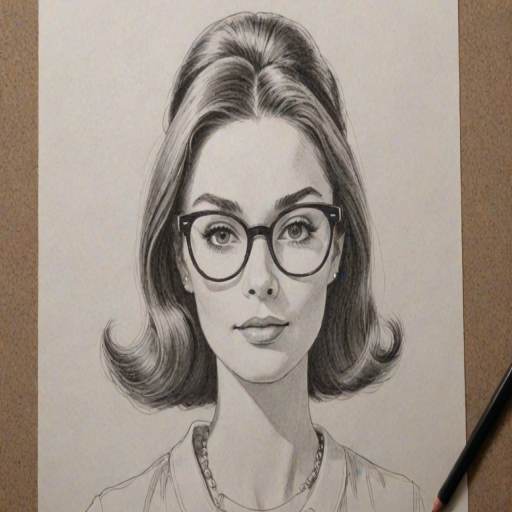 Lovely Audrey Plaza, pencil sketch, portrait of Comely woman 1967s in glasses, hair style beatnik, outline, clear lines, fine lines, 8k