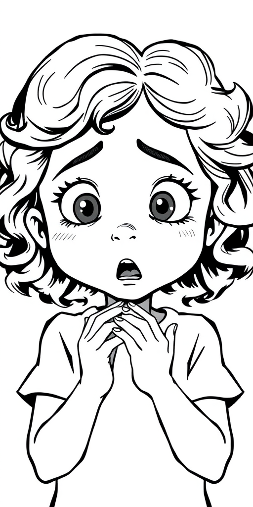 The image is a black and white illustration of a young girl with curly hair. She has a surprised expression on her face with her mouth open and her hands clasped together in front of her chest. Her eyes are wide and her eyebrows are furrowed. Her hair is styled in loose curls that are cascading down her back. The overall mood of the image is one of shock or surprise.