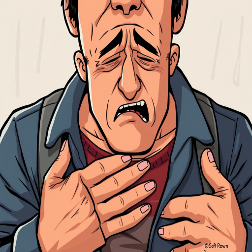 Create a high-resolution cartoon-style illustration of a distressed man clutching his chest, using a Canon EOS R5, aperture f/4, shutter speed 1/100, ISO 200, 35mm lens for a clear and detailed view.
