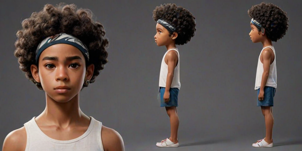 front view, side view, back view, multiple views, reference sheet, full body,TylerNguyen, 1boy, curly hair, black eyes, dark skin, afro, headband, earrings