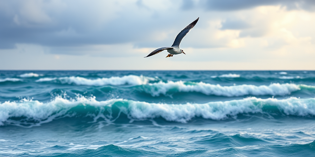 Regenerate a watercolor painting of a seagull soaring above turbulent ocean waves under a cloudy sky, using a Canon EOS R5 with a 50mm f/1.2 lens, aperture set to f/8, shutter speed at 1/250s, and ISO 100 for enhanced detail and vibrant colors.