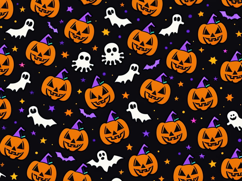 Whimsical Halloween Pattern Featuring Pumpkins, Ghosts, Bats, and ...
