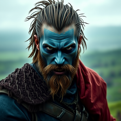Generate an ultra-realistic and highly detailed photograph of a "brave heart" warrior. he's standing still, looking menacingly at the camera. He has face paint in shades of blue. He's standing on a green hill. Rain. The background is a blurred image of a battlefield. 4k. UHD