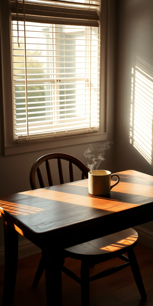 A cozy room with a wooden table and a steaming mug on top, soft morning light streaming in through a window with blinds partially drawn, a single chair positioned at the table, shadows creating a serene atmosphere, shot with a DSLR camera at f/2.8 aperture, ISO 200, 24mm focal length, natural light, from an elevated angle.