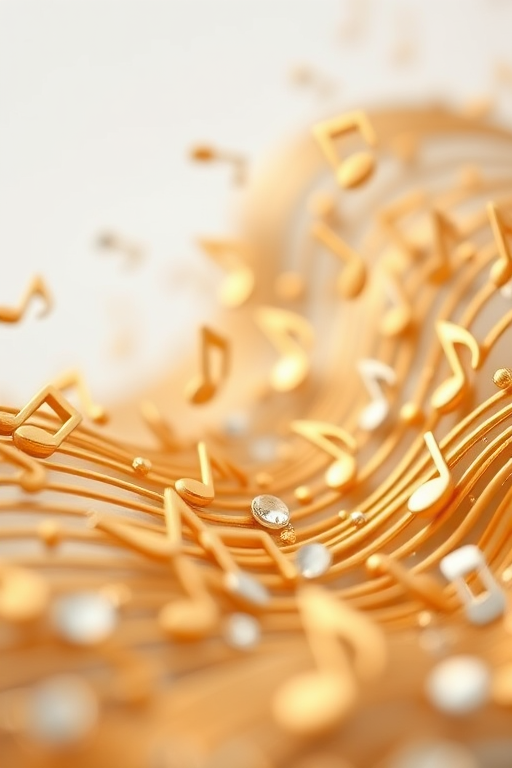 Create an image of a flowing wave of musical notes in gold and silver, using a high-resolution digital camera at f/2.8 aperture, 1/125 shutter speed, and ISO 100, with a macro lens perspective to capture fine details.