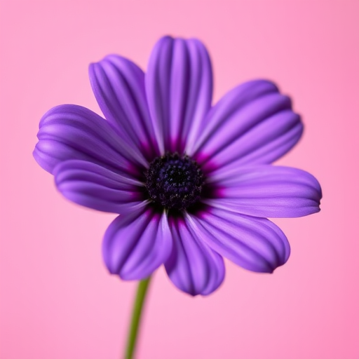 macro photograph of a vibrant purple flower with a black center against a soft pink background, ISO 100, f/2.8 aperture, 50mm lens, natural lighting, DSLR camera, shallow depth of field