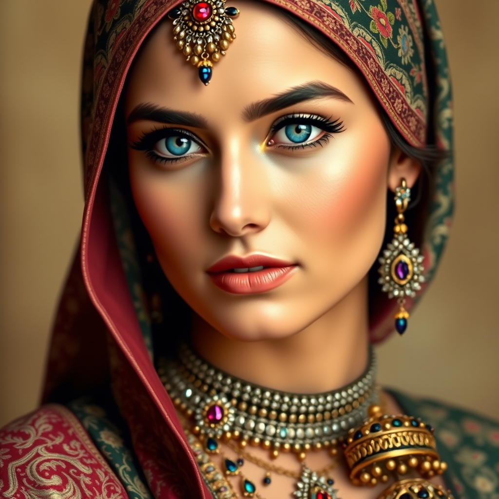 Create a portrait of a beautiful Pakistani woman with striking blue eyes and a gentle expression. She is adorned in traditional attire with intricate patterns, including a richly embroidered headscarf and matching garments. Her jewelry includes a delicate headpiece, dangling earrings, and ornate bracelets, all featuring vibrant gemstones and detailed metalwork. The background is soft and warm, enhancing the rich colors of her outfit and jewelry.