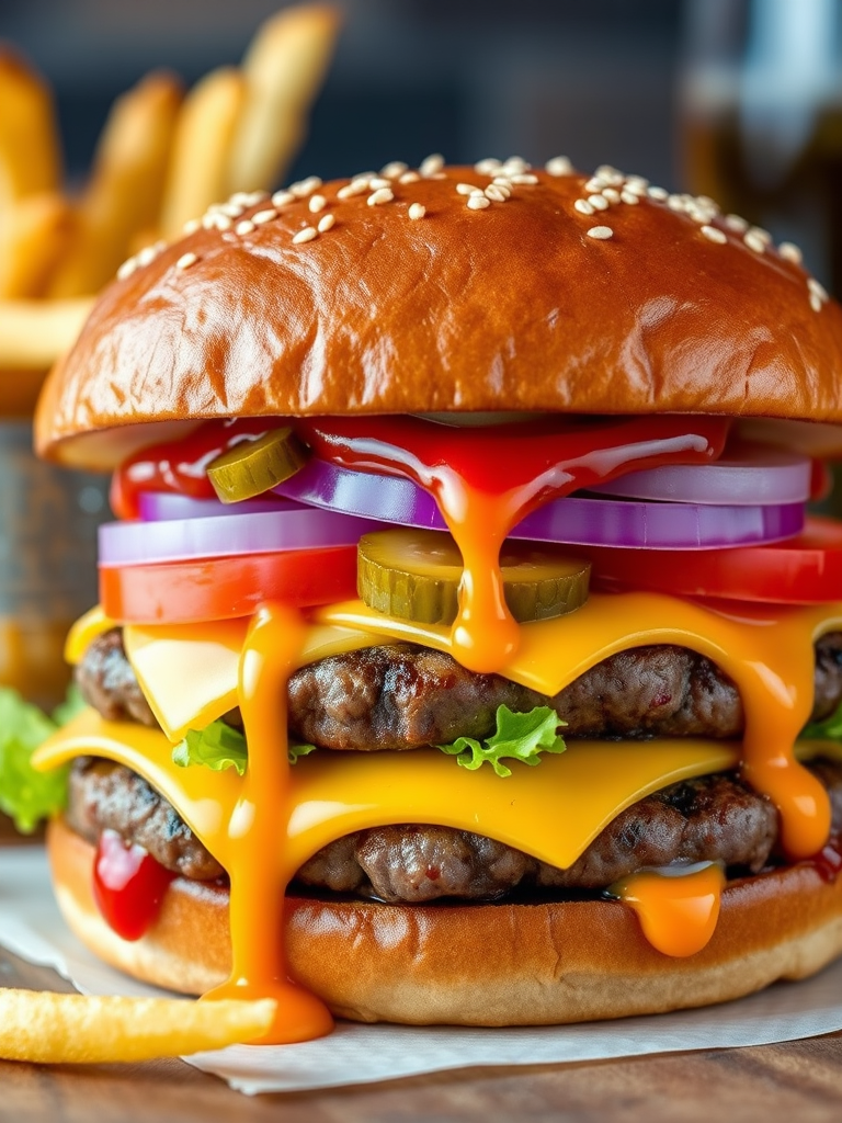High-resolution, close-up image of a gourmet double cheeseburger. The burger features a glossy, sesame-seed-topped brioche bun. Inside, there are two thick, juicy beef patties, each topped with melted cheddar cheese. The burger is garnished with fresh lettuce, tomato slices, diced onions, and pickles. A generous amount of ketchup and a creamy, orange-colored sauce is dripping down the sides, adding to the mouth-watering appeal. In the background, there are blurred elements including a side of golden French fries and a hint of a beverage, enhancing the overall presentation of a delicious meal.