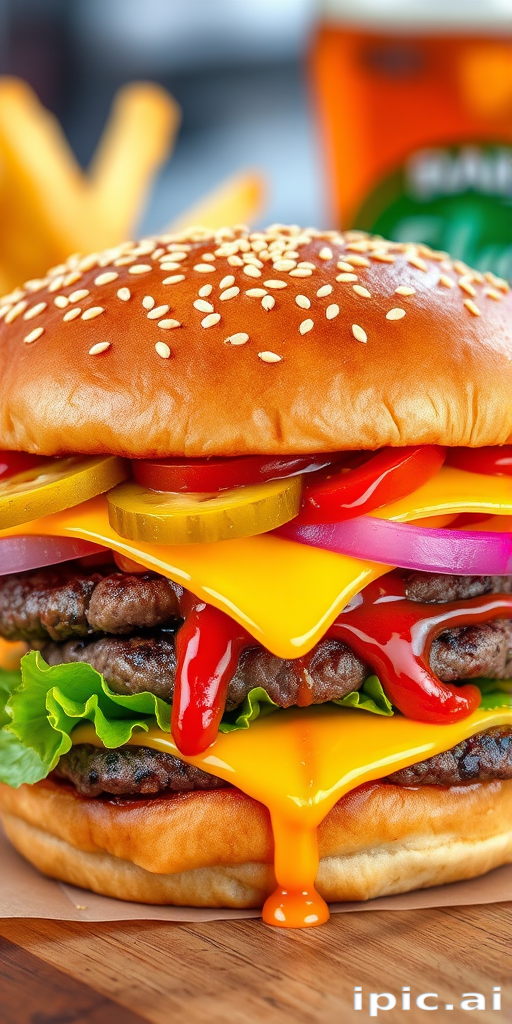 High-resolution, close-up image of a gourmet double cheeseburger. The burger features a glossy, sesame-seed-topped brioche bun. Inside, there are two thick, juicy beef patties, each topped with melted cheddar cheese. The burger is garnished with fresh lettuce, tomato slices, diced onions, and pickles. A generous amount of ketchup and a creamy, orange-colored sauce is dripping down the sides, adding to the mouth-watering appeal. In the background, there are blurred elements including a side of golden French fries and a hint of a beverage, enhancing the overall presentation of a delicious meal.