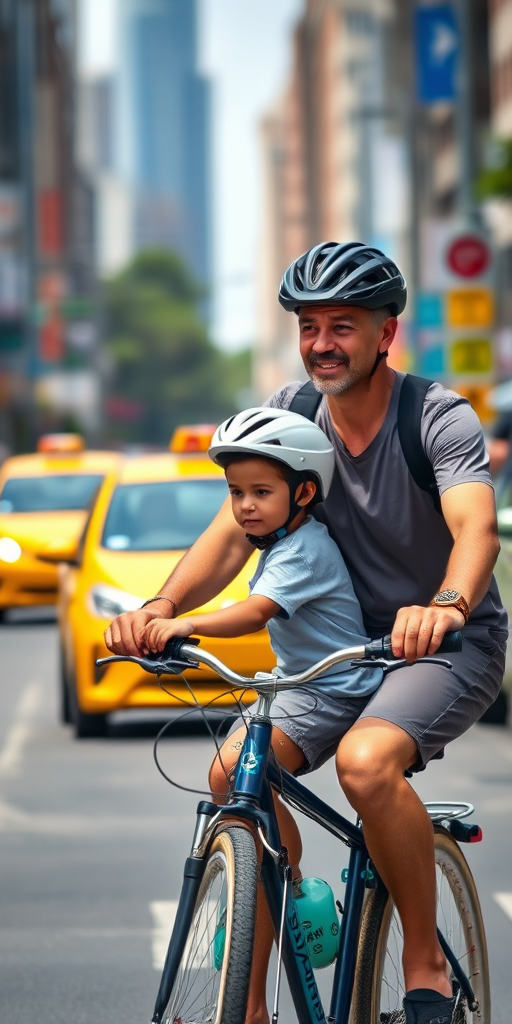 A father riding a bicycle with a child in a helmet on a city street, brightly colored taxis in the background, natural daylight, shallow depth of field, ISO 200, f/4, 1/500s, 50mm lens, DSLR camera, vibrant colors.