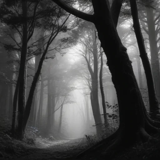 Mysterious Forest Path Shrouded in Fog and Dappled Light