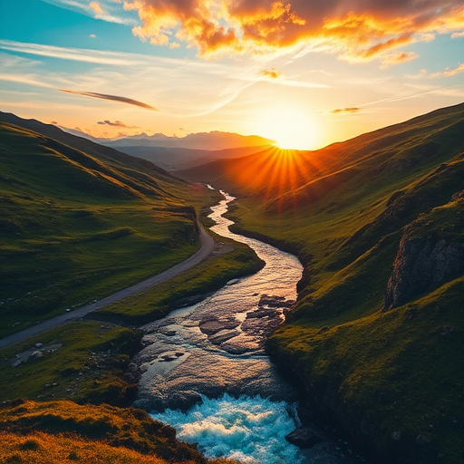 Create an image of a scenic landscape during golden hour with lush green hills, a flowing river, and a vibrant sky, shot with a DSLR camera at f/8 aperture, ISO 100, 1/125 sec exposure, using a wide-angle lens from a low angle view for perspective depth.