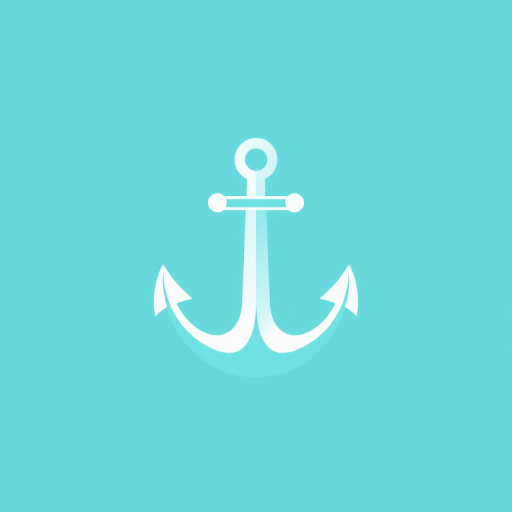Generate a flat design logo of an anchor in turquoise color against a light blue background, using a DSLR camera with a 50mm lens, aperture set to f/2.8, ISO 100, and soft natural lighting for clarity and depth.