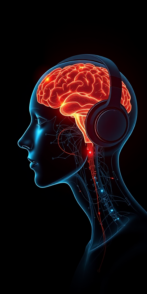 Create a futuristic digital artwork of a profile view of a human head with a glowing brain and headphones, using a high-resolution camera at f/1.8 aperture, ISO 100, 50mm lens, soft lighting to enhance details and contrast, with a dark background to emphasize the luminous elements.