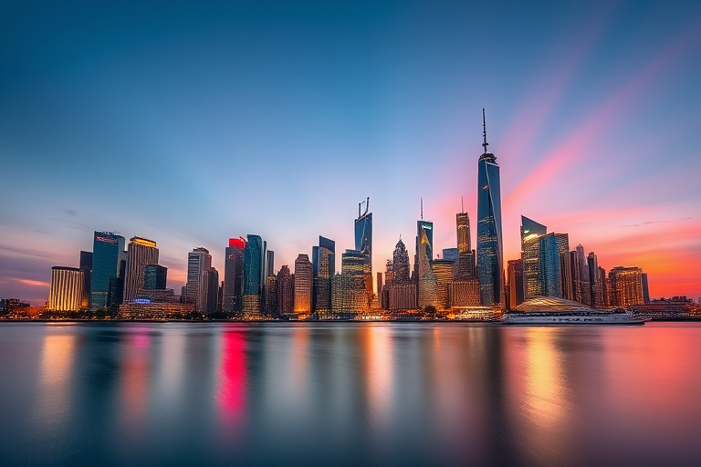 Generate a high-resolution image of a sleek, modern city skyline at dusk with vibrant colors reflecting on water, captured with a Canon EOS R5, 24mm lens, f/8 aperture, ISO 200, and long exposure of 5 seconds, using a wide-angle view for depth and clarity.