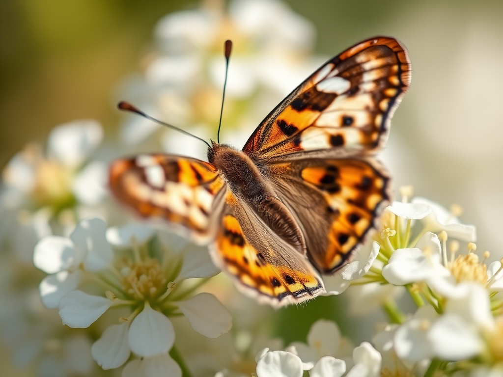 Close-up of a butterfly resting on white flowers, using a macro lens, with a shallow depth of field, soft natural lighting, f/2.8, ISO 100, shutter speed 1/200 sec, DSLR camera, focus on the butterfly with blurred background.