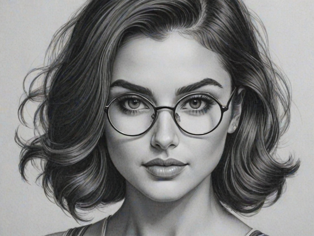 Bewitching Mikaela Hoover, pencil sketch, portrait of Beauteous woman 1937s in glasses, hair style beatnik, outline, clear lines, fine lines, 8k