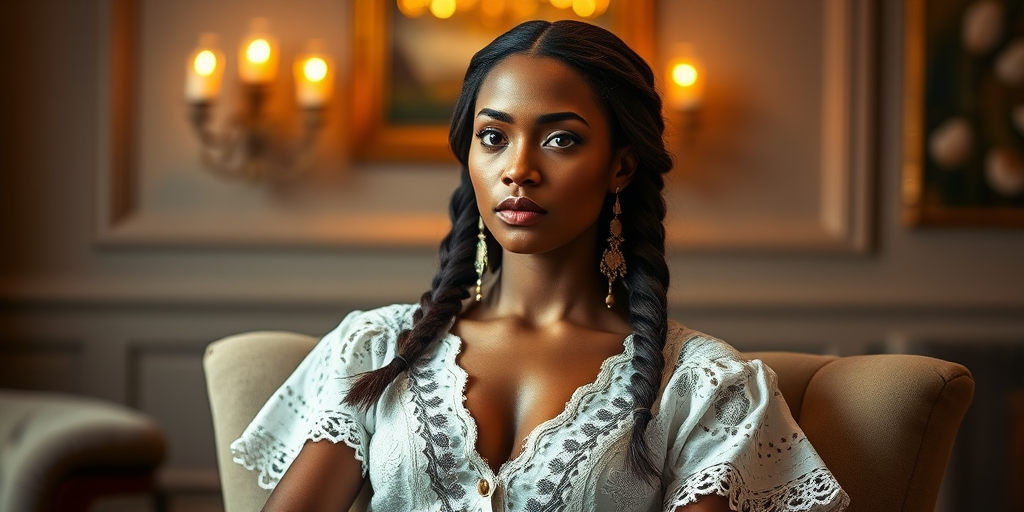 Create a portrait of a refined and elegant Native American woman seated in a sophisticated setting. She has long, wavy hair styled in two thick braids that are pulled over her shoulders. She wears a white, lace gown with intricate patterns, featuring a deep V-neckline and short sleeves. The dress exudes a vintage charm with its delicate lacework. She is adorned with ornate, dangling earrings that add a touch of glamour to her appearance. The background is softly lit, with warm, ambient lighting that creates a cozy and inviting atmosphere. Her expression is poised and serene, capturing a sense of grace and elegance.