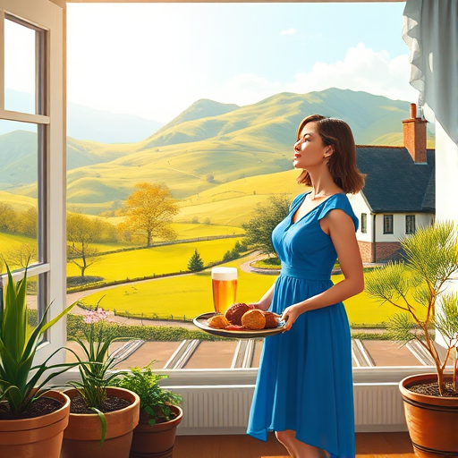 In "A Glass of Beer on the Highland," a serene scene is depicted in a sunlit room where a woman in a vibrant blue dress stands by a large window. She holds a tray with a hearty meal and a frothy glass of beer, embodying a moment of relaxation. Outside, the breathtaking highland landscape features rolling green hills and a charming traditional house, all bathed in warm afternoon light. The interior is adorned with potted plants, creating a harmonious blend of comfort and nature. The painting beautifully captures the tranquility and joy found in simple pleasures amidst stunning scenery