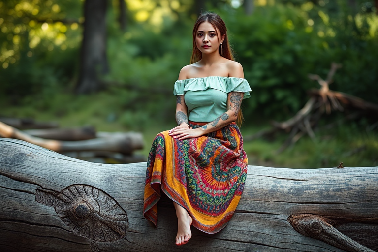 Generate an image of a woman sitting on a large log, wearing a light green off-the-shoulder top and a multi-colored skirt, with tattoos on her arms, in a soft, natural light setting, using a Canon EOS R5, 85mm f/1.2 lens, shoot at ISO 100, aperture f/2.8, at a 45-degree angle view for depth and detail.