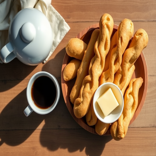 A top-down view of freshly baked breadsticks arranged on a wooden plate with butter and a cup of coffee beside them, using a Canon EOS 5D Mark IV with a 50mm f/1.8 lens at f/4, ISO 100, and 1/125s shutter speed, natural light for soft shadows.