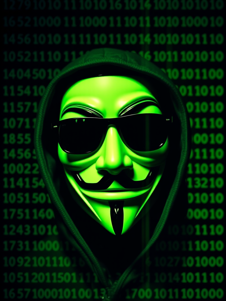 Create an image of a figure wearing a Guy Fawkes mask with sunglasses, surrounded by digital binary code, using a DSLR camera with a 50mm lens, f/1.8 aperture, ISO 100, and a shallow depth of field, in a high-contrast green and black color scheme, with a slight vignette effect.