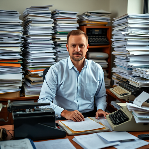 A man in a dress shirt sitting at a cluttered desk with towering piles of papers and vintage typewriters, shot with a Canon EOS R5 at f/1.8, ISO 100, 50mm lens, natural lighting, shallow depth of field for a professional, detailed portrait.