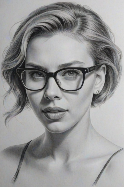 Superb Scarlett Johansson, pencil sketch, portrait of Appealing woman 1952s in glasses, hair style beatnik, outline, clear lines, fine lines, 8k