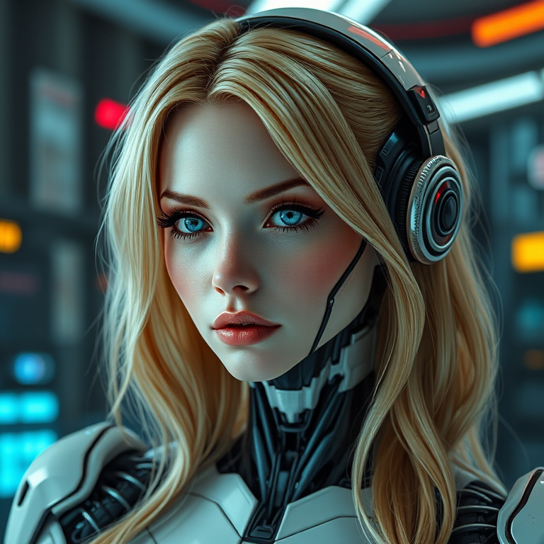 portrait of a blonde robot woman in a cyberpunk setting