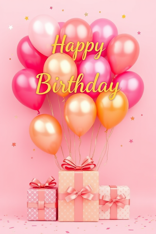 Create a birthday card design featuring colorful balloons in shades of pink and gold against a soft pink background. Include three beautifully wrapped gifts at the bottom with decorative ribbons and patterns. The text "Happy Birthday" should be elegantly written in a gold font at the top, surrounded by small stars and confetti elements for a festive touch.