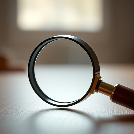create a high-resolution vector-style image of a magnifying glass with a clear lens and wooden handle under soft lighting, using a 50mm f/1.8 lens, at ISO 100, aperture set to f/4, with a shallow depth of field for a smooth background blur, shot from an eye-level angle with a 45-degree tilt to add dimension.