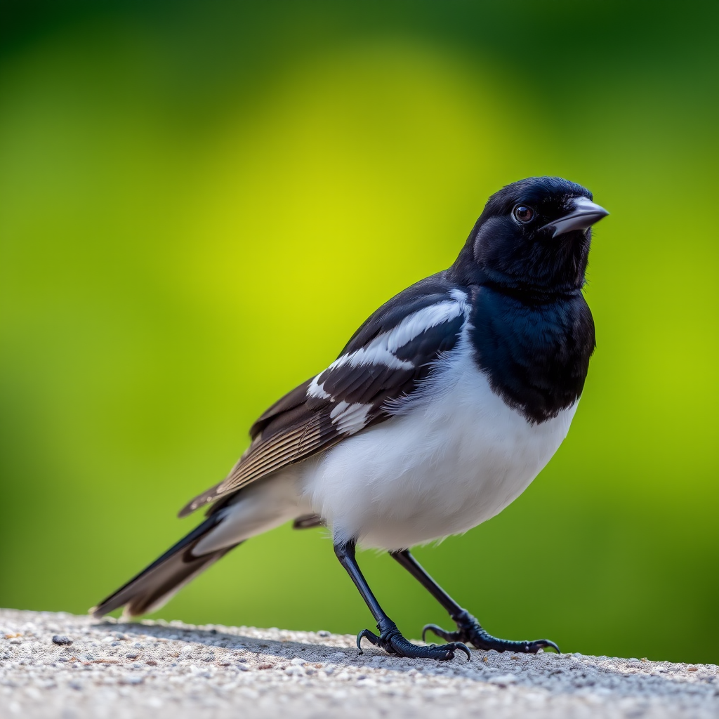 A close-up photograph of a black and white bird standing on a textured surface with a blurred green background, captured with a DSLR camera at f/2.8 aperture, 1/500 sec shutter speed, ISO 200, 50mm lens, with a natural light setting for soft shadows.