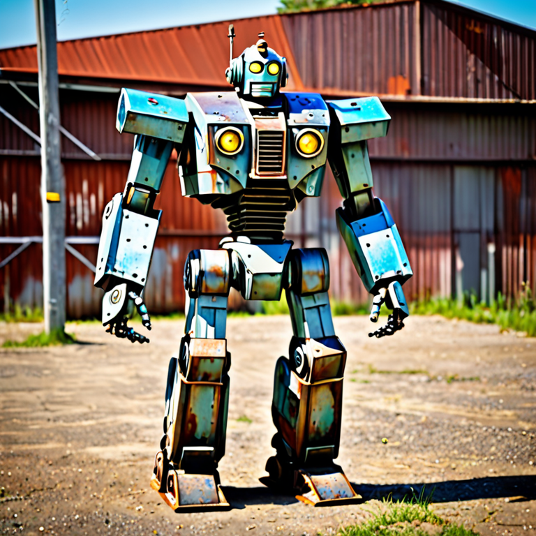 rusty giant iron robot full body face and feet