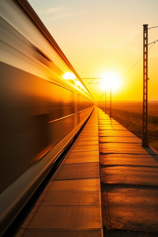 Blurry shot of a train speeding past at a rural station at sunset, with soft golden hues casting long shadows on the platform, and distant fields barely visible in the background.