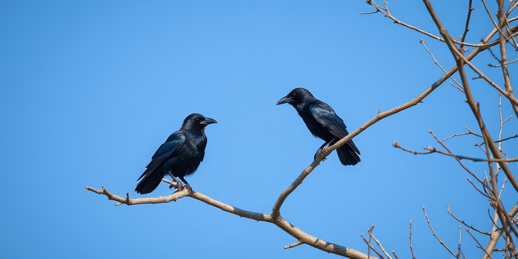 capture a high-resolution image of crows perched on a tree branch against a clear blue sky, using a DSLR camera with a 50mm lens, aperture f/2.8, ISO 100, shutter speed 1/200, and a slight zoom to highlight the birds while keeping the background slightly blurred for depth.