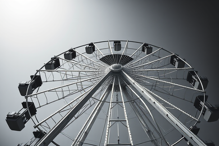 Capture a close-up of a ferris wheel in high contrast black and white, f/8 aperture, 1/200s shutter speed, ISO 100, shot from a low angle with a DSLR camera using a wide-angle lens for dynamic perspective.