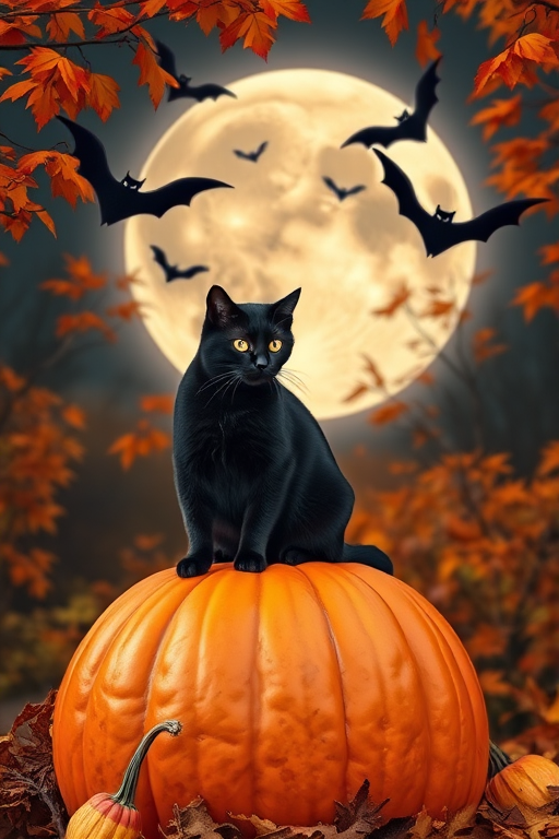 Create a vibrant autumn scene featuring a black cat perched on a pumpkin with bats flying around, a large moon in the background, captured with a DSLR camera, aperture f/2.8, ISO 100, focal length 50mm, in a portrait view, using a warm color palette to enhance the richness of fall foliage.