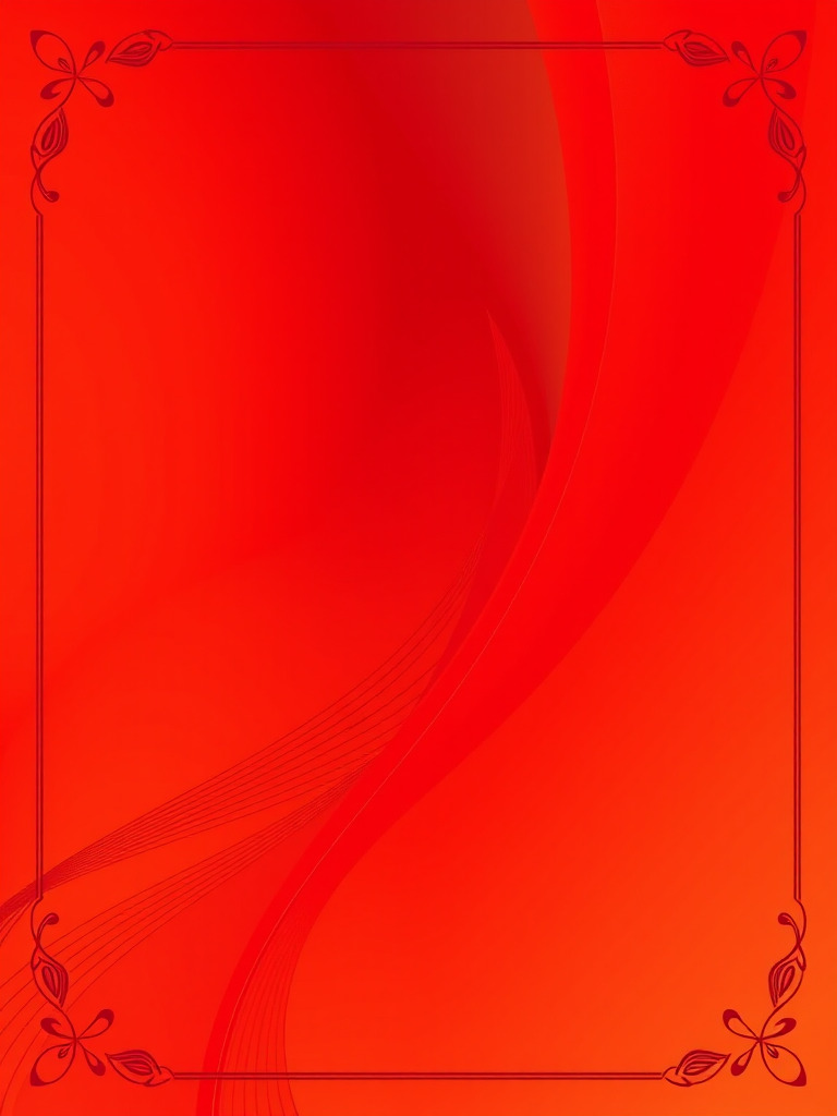 Generate an image of a vibrant abstract design with a gradient of red shades, featuring dynamic lines and a decorative border, captured with a DSLR camera at f/8 aperture, ISO 100, using a 50mm lens in a portrait orientation for enhanced detail and clarity.