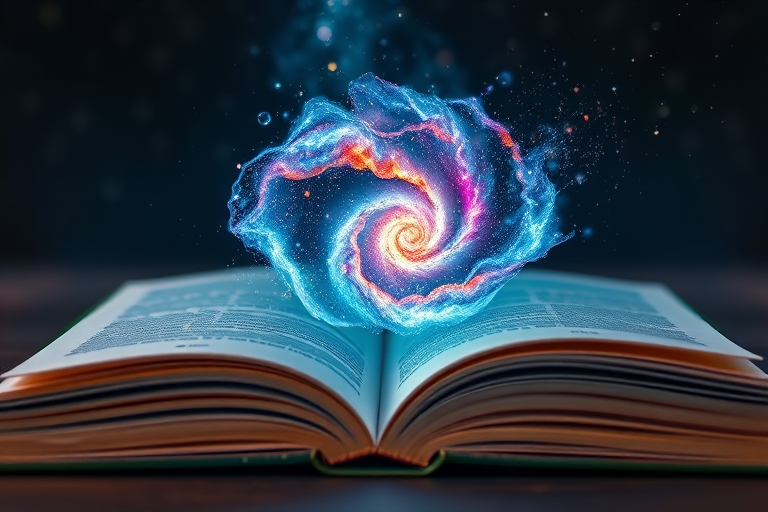 A mystical open book with a swirling galaxy emerging from its pages, vibrant colors of blue, purple, and orange, soft focus, 50mm lens, f/1.8 aperture, 1/60s shutter speed, natural lighting, macro photography style.