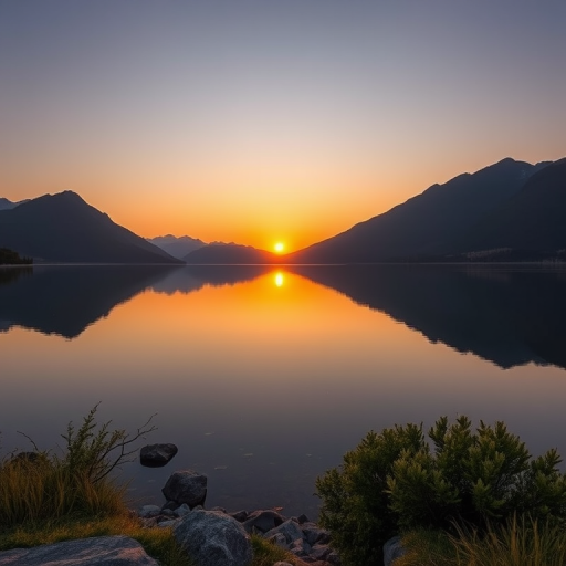 Create a high-resolution image of a serene landscape featuring a calm lake reflecting the mountains during sunset, shot with a Canon EOS 5D Mark IV at f/8, ISO 100, 1/125 sec, using a wide-angle lens for an expansive view in vibrant colors.