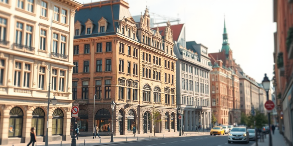 regenerate an illustration of a city scene featuring historic buildings with a vintage aesthetic, use a Canon EOS R5, 35mm lens, aperture f/8, ISO 100, soft natural lighting, with a slight tilt-shift effect to enhance depth and focus on architectural details