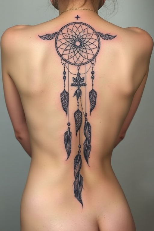 Ethereal body tattoo depicting a dreamcatcher with flowing feathers and crystals cascading down the spine, rendered in delicate white ink for a subtle and feminine appearance